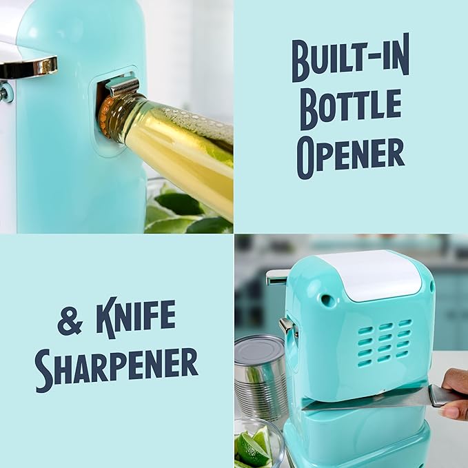 Nostalgia Retro Electric Can Opener for Kitchen with Magnetic Lid Remover, Knife Sharpener, and Soda or Beer Bottle Opener, Aqua - Image 4
