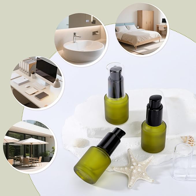 Segbeauty 0.5oz Frosted Glass Travel Size Containers for Lotions, 3pcs Mini Empty Lotion Bottles Pump Dispenser Refillable, 15ml Green Travel Containers for Creams, Small Hair Oil Pump Bottle Liquids - Image 6