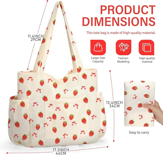 Corduroy Tote Bag for Women,Large Capacity Cute Tote Bags With 6 Pockets,Crossbody Shoulder Handbag for Work Travel Gym - Image 7
