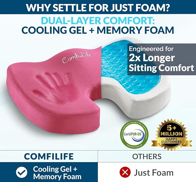 ComfiLife Doctor Recommended Seat Cushion - Premium Gel & Memory Foam Office Chair, Car Seat, Lifting Cushion - Chair Cushions for Back & Sciatica Relief - Seat Cushions for Office & Desk (Pink) - Image 2