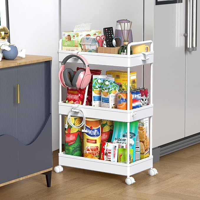 SOLEJAZZ 3 Tier Slim Rolling Storage Cart Organizer with Wheels, White | Utility cart for bathroom, laundry, bedside, dorm&narrow spaces. Fits craft, nail, makeup, snack, art, diaper&baby essentials by SOLEJAZZ