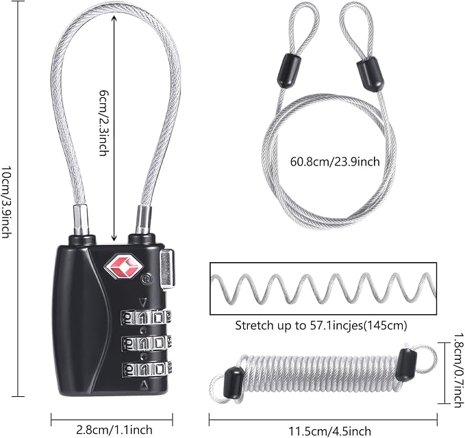 TSA Locks, Digit Combination Padlocks and Steel Cable Combination Travel Security Lock for Baggage, Suit Case, Gym, Bike Locks (TSA Luggage Locks-4) - Image 2
