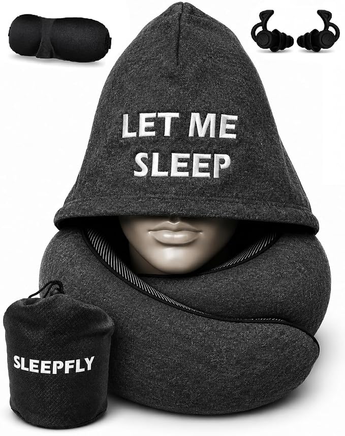 sleepfly Travel Neck Pillow with Hood – Travel Essentials Kit : Neck Pillow, Eye Mask & Silicone Earplugs – Ergonomic Memory Foam Neck Support for Airplane, Car and Train by Unknown