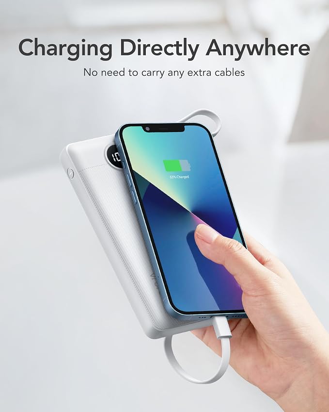 VRURC Portable Charger Built in 4 Cables, Slim Power Bank 10000mAh | Multi Devices Charging Bank with Lanyard, USB C Battery Pack for All Cell Phones, Samsung,Android-White(1 Pack) - Image 7