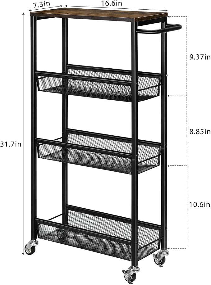 MOOACE Slim Storage Cart, 4 Tier Rolling Kitchen Shelving Unit on Wheels Mobile Narrow Cart with Wooden Tabletop for Bathroom, Laundry Narrow Places, 16.6''x 7.3''x 31.1''inch - Image 3