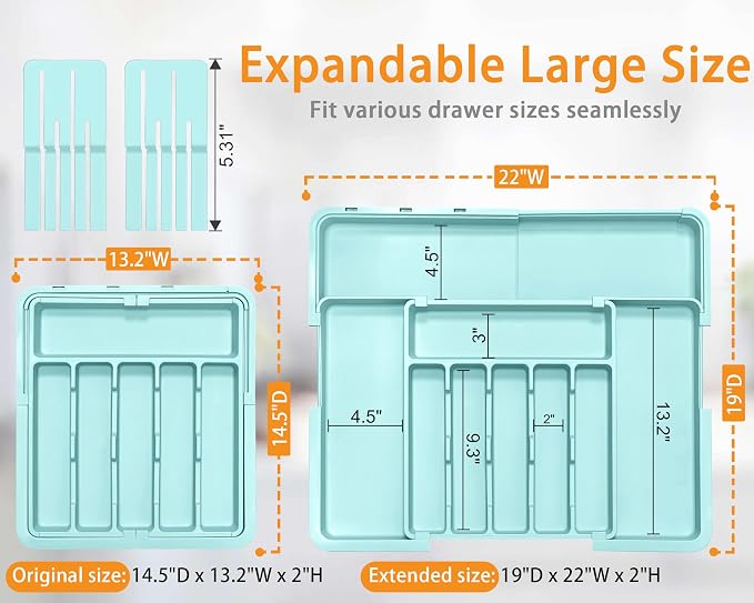 Homecor Silverware Organizer - Expandable Large Kitchen Drawer Organizer Utensil Organizer with 2 Knife Block Inserts, 22"x 19"Cutlery Tray with Drawer Dividers for Kitchen Flatware (Turquoise) - Image 2