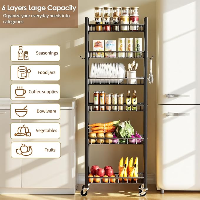 6 Tier Slim Storage Cart, Narrow Rolling Cart with Wheels, 10in(W) | Narrow Mobile Utility Shelf Unit Organizer for Kitchen, Bathroom, Laundry Room, Living Room, Small Places, Black - Image 3
