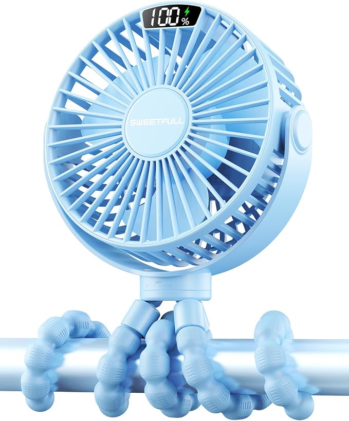SWEETFULL Portable Stroller Fan with LED Display, 4 Speed Rechargeable Mini Clip On Fan,Built-in Non-Removable Rechargeable Battery，Sealed housing by SWEETFULL