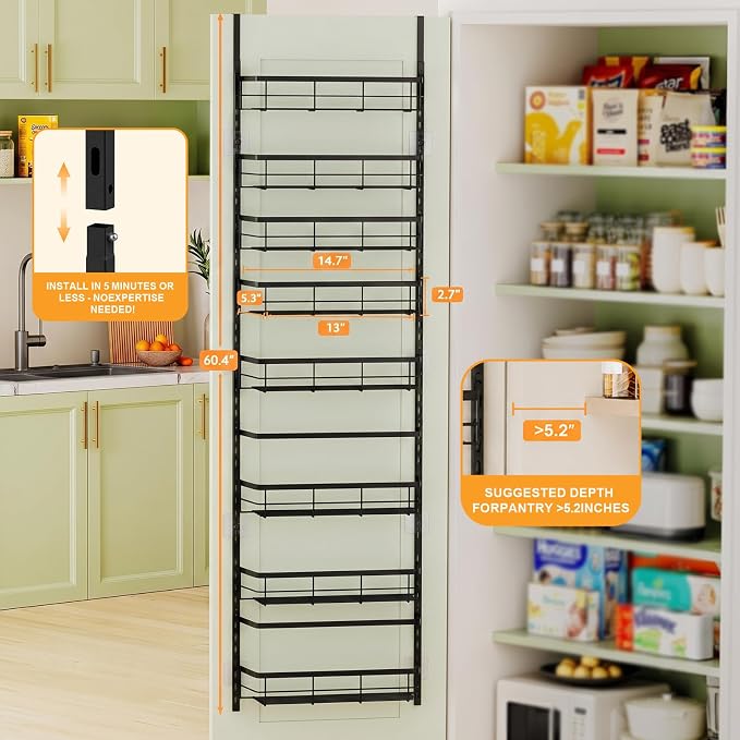 Over The Door Pantry Organizer, 8 Tier Adjustable Pantry Door Organization and Storage, Door Mounted Spice Organizer with Hooks for Pantry Kitchen Essentials, Black - Image 3