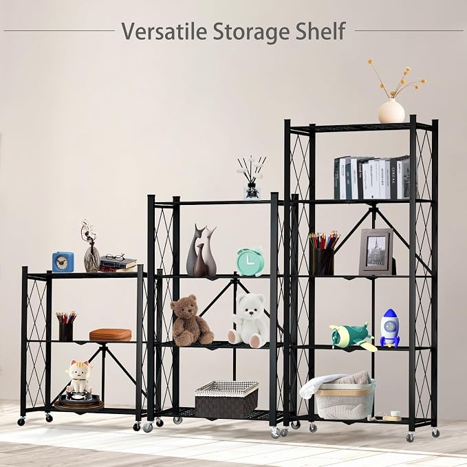 3 Tier Foldable Storage Shelf with Wheels Garage Shelving | Unit Loads 550 LBS, Metal Steel Collapsible Shelves, Rolling Standing Utility Rack for Kitchen, Pantry, Office, Black - Image 4