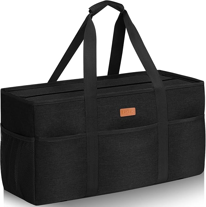 LHZK Stand Up Extra Large Utility Tote Bag with Lid, Utility Tote Bag with Metal Wire Frame and the Sides Rinforced, Reusable Grocery Bags Foldable, Beach Bag, Car Tote (Black) by LHZK