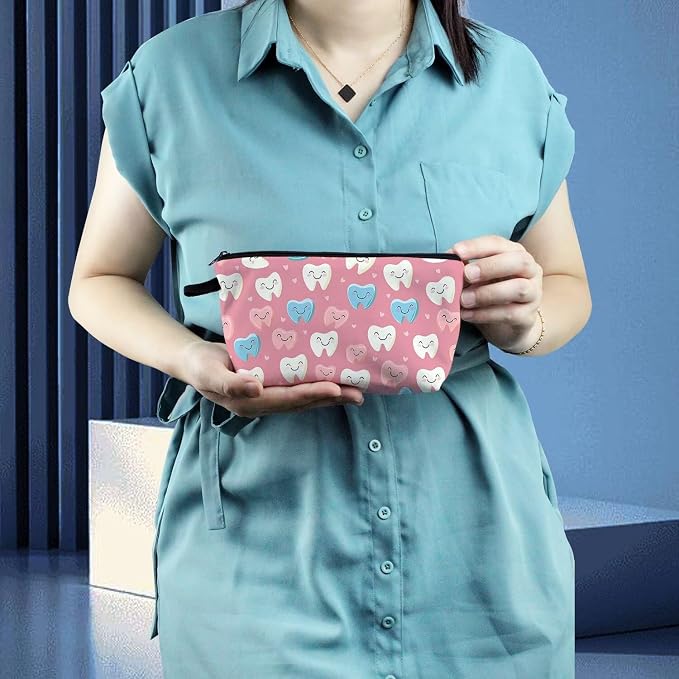 Livel lhood Pink Backgrpund Cartoon Teeth Small Makeup Zipper Bag | Cartoon Teeth Printed Cosmetic Organizer Pouch, Cartoon Teeth Gift for Women Friends - Image 6