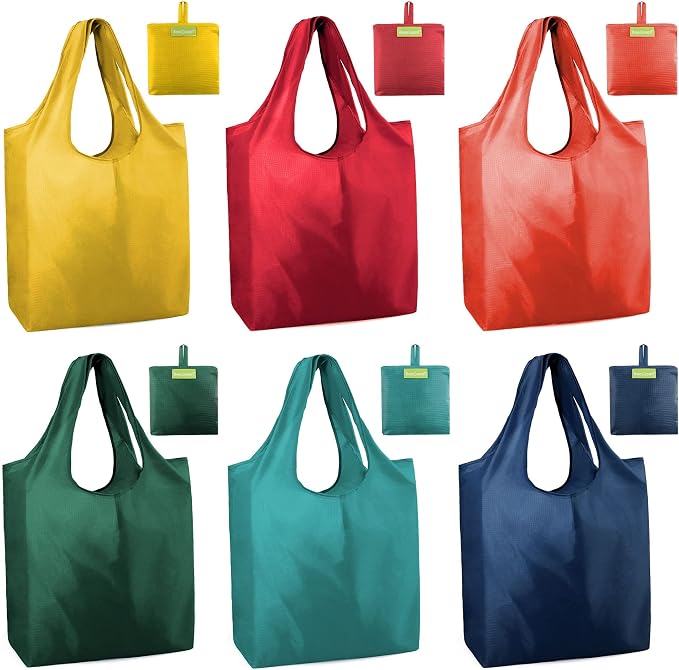 BeeGreen Foldable Travel Bag Reusable Shopping Bags for Groceries - 6 Pack Large Collapsible Bags - Lightweight Machine Washable Tote Bags - Colorful Kitchen Grocery Bags (Red, Orange, Green)​ by BeeGreen