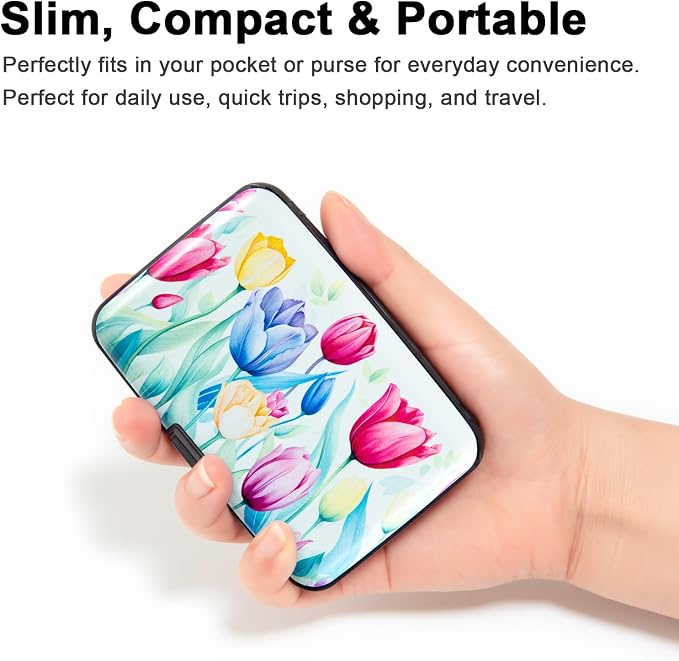 Credit Card Holder for Women Men RFID Blocking Wallet Small Business Metal Slim Mini Aluminum Hard Case (Watercolor Tulips) - Image 5