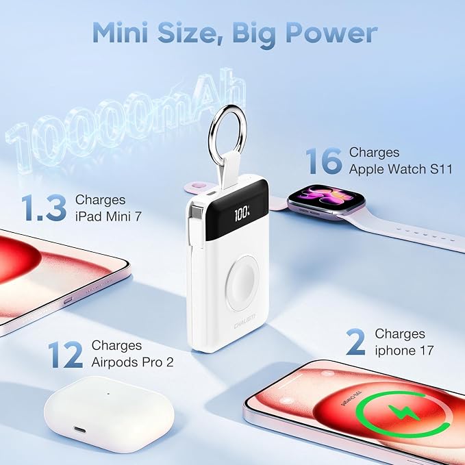 10000mAh Portable Charger,22.5W Power Bank& iWatch Charger,White | LED Display,Built-in Cables,Super Fast Charging,Travel Keychain Battery Pack for iPhone 17/16/15/14/13/12,Apple Watch Series - Image 4