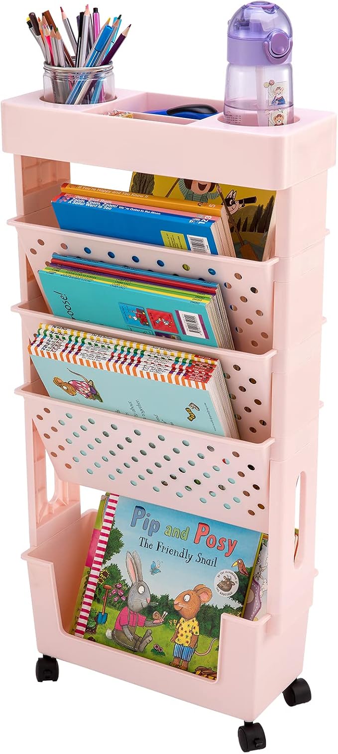 Pink Rolling Office Paper Organizer, Mobile Book Cart Document Folder File Storage with Pen Holder, Slim Rolling Storage Cart Movable Bookshelf for Office, Dorm, Classroom, Nursery by CINPIUK