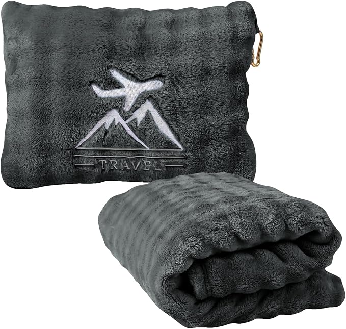 Travel Blanket and Pillow-2-in-1, Ultra-Soft&Compact, One-Piece Airplane Blanket with Hand Luggage Belt and Backpack Clip,Travelers Accessories Gifts, 61x43 Inches (Dark Grey) by Unknown