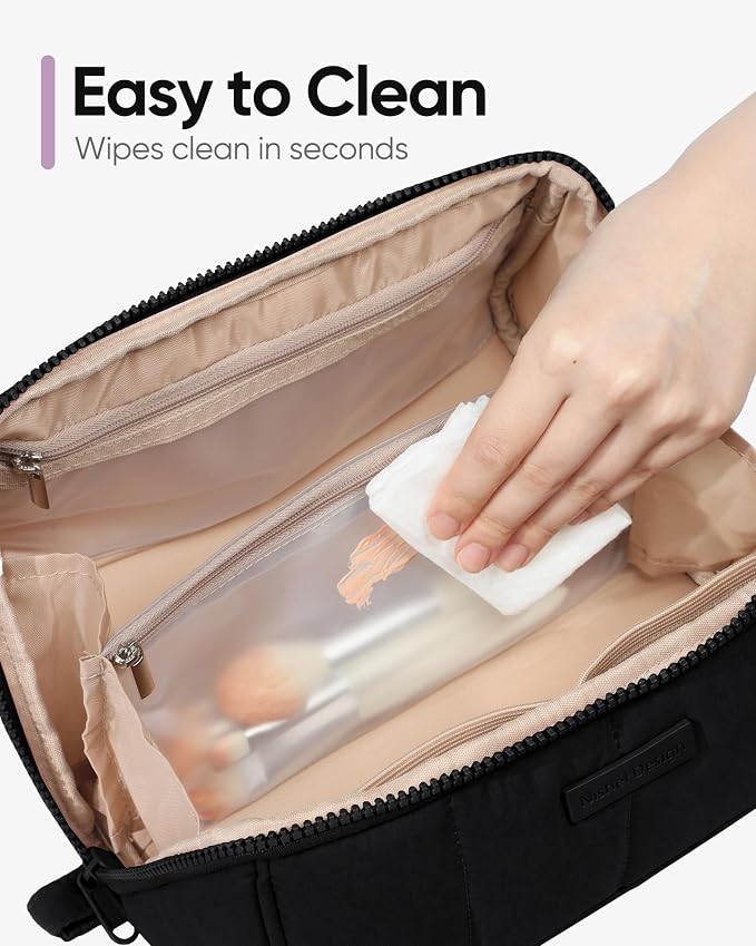 NISHEL Travel Makeup Bag Organizer Pouch Open Flat Cosmetic Case Brush Slot | Open-flat design keeps cosmetics, brushes, and beauty tools organized for travel and daily routines, Medium, Black - Image 6