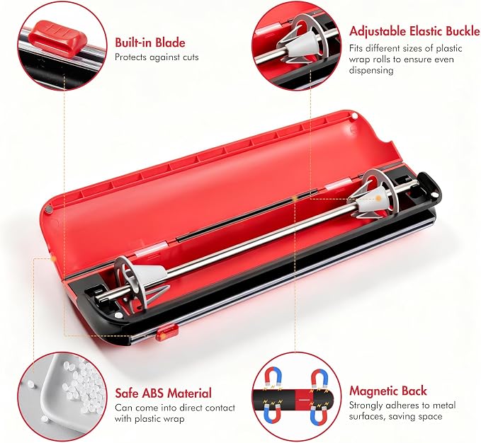 Aluminum Foil & Plastic Wrap Dispenser with Cutter - Easy One-Hand Operation, Space-Saving Kitchen Organizer for Worktops & Cabinets, Magnetic Cling Film Dispenser - Fits 12" Rolls, Red - Image 7