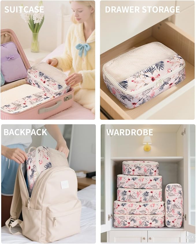 Narwey 7 Set Packing Cubes for Travel, Durable Packing Organizers for Kids Women Men, Carry on Luggage Travel Essentials Accessories (Beige Flamingo) - Image 5