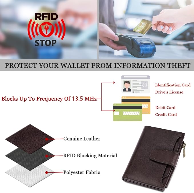 Small Wallet Women RFID Blocking Genuine Leather Bifold Compact Card Holder Wallet for Women with Zipper Coin Pocket 4 ID Window - Image 6