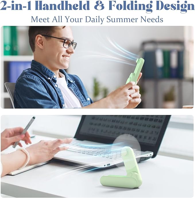 Portable Handheld Fan, 2 IN 1 Mini Hand Fan, Battery Operated [8-15 Working Hours], USB Rechargeable Personal Foldable Fan for Indoor, Small Pocket Fans Travel Essentials for Outdoor (Green) - Image 2