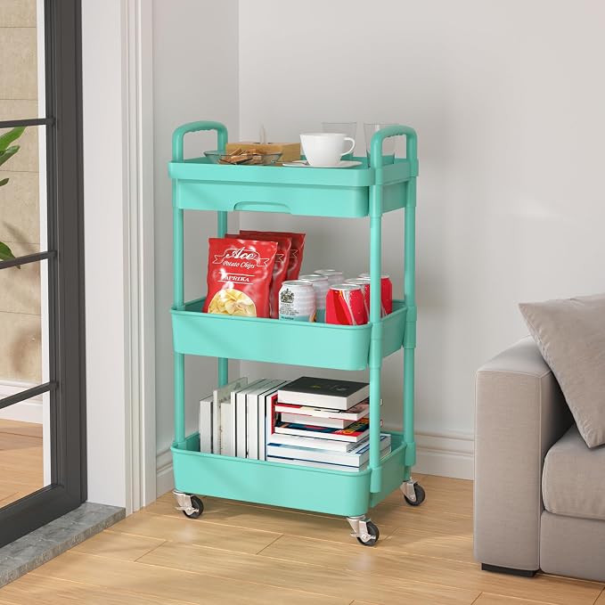 Calmootey 3-Tier Utility Cart with Drawer & Wheels, Storage for Home,Office | Space-Saving Organizer, Sturdy Plastic Shelves, Smooth-Rolling Metal Wheels, Built-in Drawer for Small Items, Green - Image 4