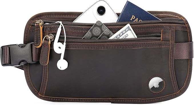 Polare Leather Money Belt Hidden Passport Holder Travel Pouch, AirTag Slot | Full Grain Cowhide Leather, RFID Protection, Travel Passport Wallet, Slim Undercover Waist Bag - Image 7