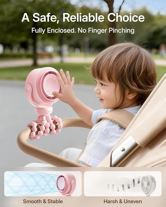 SWEETFULL Portable Stroller Fan, Pinch-Proof Baby Fan - Pink | Wide Turbine Airflow; Safe Design; LED Display; 5-Speed; 30dB Quiet; USB-C Rechargeable; Mini Clip On Fan for Car Seat & Bed - Image 2