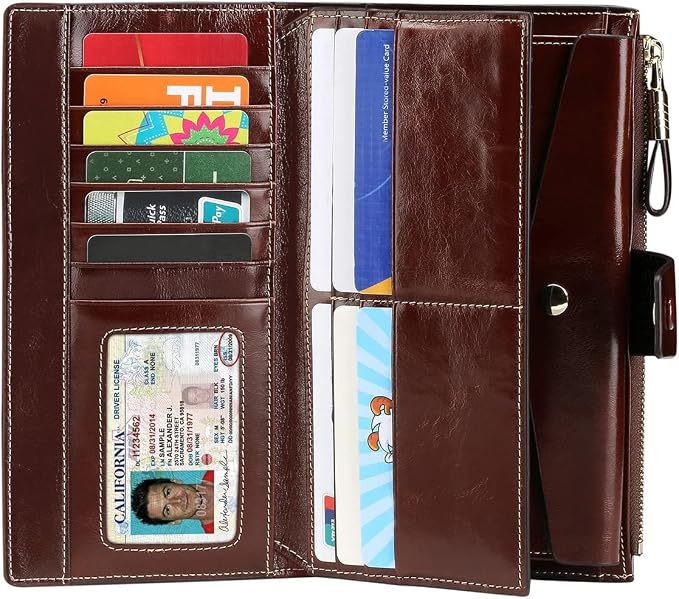 Itslife Womens Wallet RFID Blocking Large Capacity Luxury Wax Genuine Leather Wallets Clutch Wallet Ladies Card holder, Coffee - Image 2