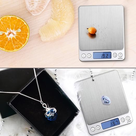 (Upgraded) AMIR Digital Kitchen Scale, 500g Mini Pocket Jewelry Scale, Food Scale, Coffee Scale, Back-Lit LCD Display, 2 Trays, 6 Units, Auto Off, Tare, PCS, Stainless Steel (Batteries Included) - Image 6