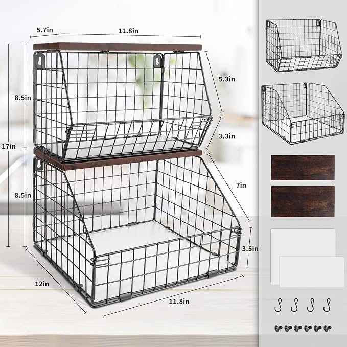 Mefirt Fruit Basket, Stackable Wall Mounted Fruit Baskets, Potato Baskets Onion Storage for Kitchen, Hanging Wire Basket with Wood Lid, 2-Tier Vegetable Organizer Kitchen Countertop Organization | Hanging Potato Basket Wire Basket with Wood Lid, 2-Tier... - Image 2