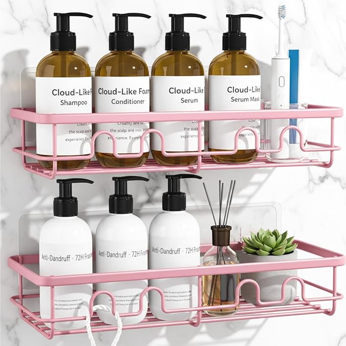 Adhesive Shower Caddy, Large Capacity Shower Racks for Inside Shower, No Drill Bathroom Shower Organizer and Storage, 2 Pack Pink Bathroom Shelves, Home Decor Rv Accessories, Apartment by Dimyno