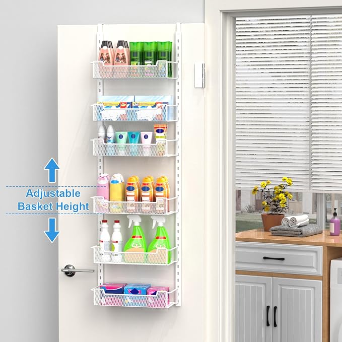 VyGrow 12.3" W Narrow Over the Door Pantry Organizer, 6-Tier Over the Door Organizer with Adjustable Basket, Pantry Door Organization for Pantry Kitchen Storage Room Spice Rack, White - Image 2