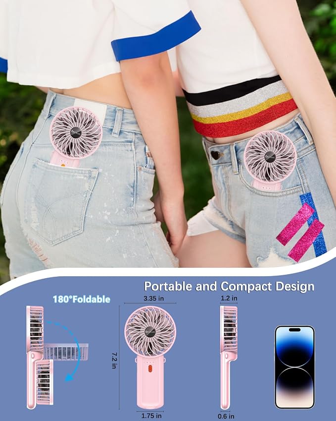 Portable Fan Handheld Fan, Mini Hand Held Fan, 6-15H Cooling Small Personal Fan, 180° Foldable Mini Desk Fan with 4 Quiet Speed, Neck Fan w/Lanyard for Kids Women Men Travel Outdoor Office, Pink - Image 4