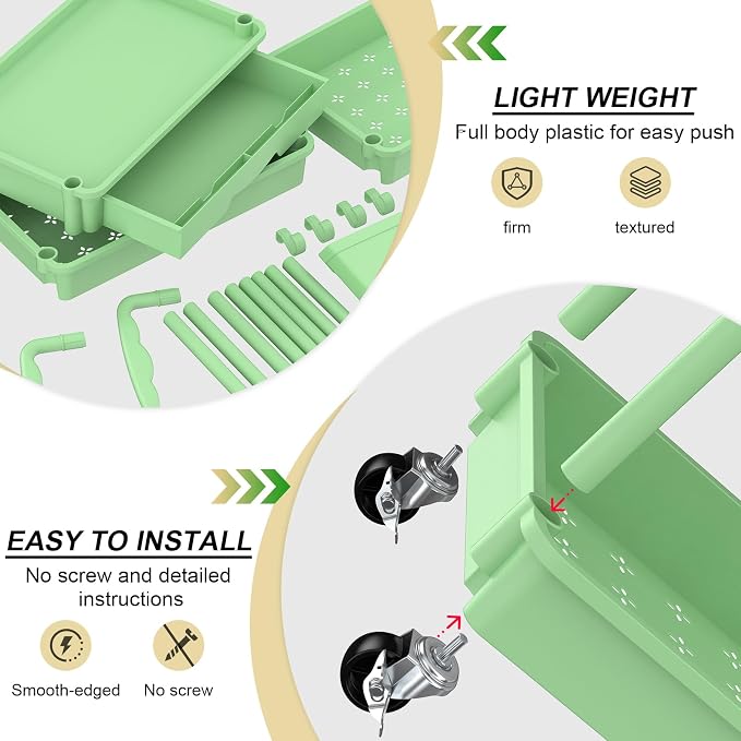 Goovilla 3 Tier Rolling Utility Cart Organizer with Removable Drawer, Green | Stable and Sturdy Rolling Storage Carts with 2 Lockable Wheels for Bathroom, Kitchen, Snack, Craft, Makeup, Baby Essentials - Image 3