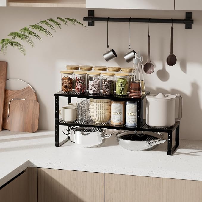 Expandable Spice Rack & Kitchen Cabinet Organizer - Stackable, Adjustable Shelves for Cabinets, Countertops, Cupboards & Pantries(2 Packs/Large/Black) - Image 2