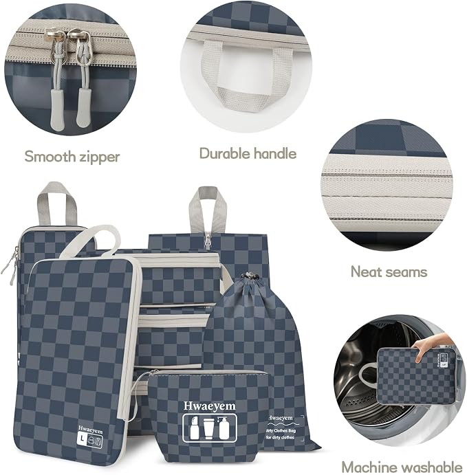 8 Set Compression Packing Cubes for Travel, Lightweight Dual Zipper Packing Cubes, Space-Saving Suitcase Organizer for Travel/Business Trip/Family Vacation (Blue-Gray Checkered) - Image 8