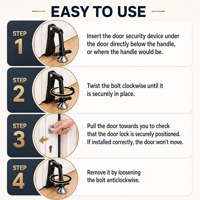 Portable Door Stopper Door Lock for Travel Anti Theft Door Blocker, Security Door Stoppers for Bottom of Door, No Drill Safety Doors Stopper Hotel Door Locks for Travelers Security (Black) - Image 6