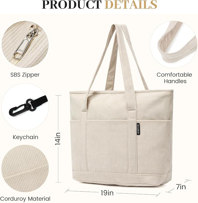 Large Canvas Tote Bag for Women, Beach Bag with Zipper, Utility Tote Bag with 3 Front Pockets, Weekender Pool Bag - Image 5
