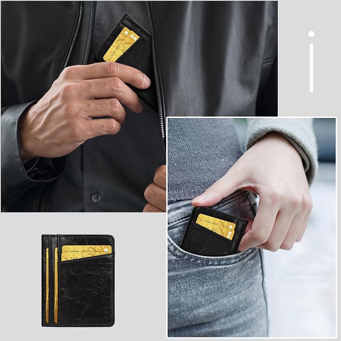 Unaone Slim Minimalist Wallet - Premium Leather Card Holder RFID Blocking Card Case with 8 Card Slots and 2 ID Window, Crackle Black - Image 6