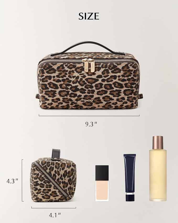EACHY Travel Makeup Bag for Women, Flat Open Leopard Print Cosmetic Bag | Leopard-print PU leather cosmetic bag opens flat with dividers and clear TPU brush pocket for makeup and travel essentials - Image 5