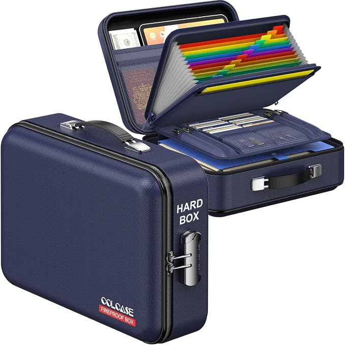 Fireproof Document Box with Lock, Hard Fireproof Document Organizer | Hard-Shell Fireproof Waterproof Safe Box with Combination Lock Blue by COLCASE
