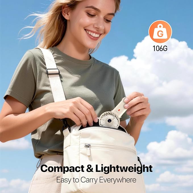 Portable Handheld Fan with Neck Lanyard, Beige | 180° Foldable, 4 Wind Speeds, 16 Hours Battery Life, Low Noise, USB-C Rechargeable, Weighs only 106g, Removable Mesh Cover - Image 4