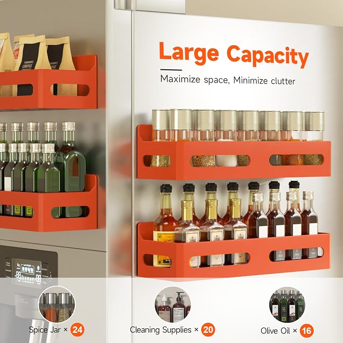 4-Pack Magnetic Spice Rack for Refrigerator with Hooks, Orange | Strong multipurpose magnetic shelf for kitchen & bathroom organization. Includes 4 removable hooks for hanging items. - Image 4