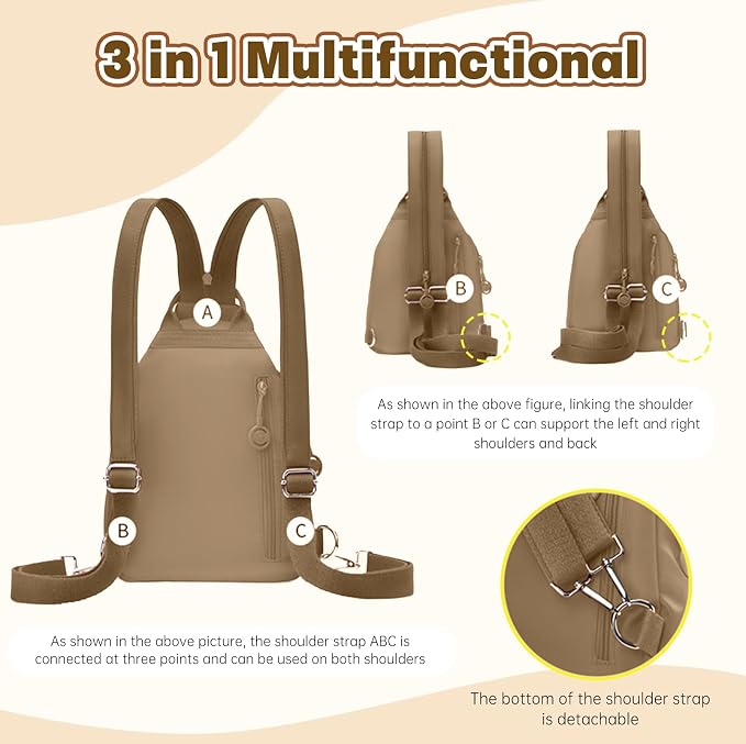 Waterproof 2-Way Mini Commuter Bag, Multi-Compartment Oxford Small Backpack, For Women, Collegeman, Commuter, Travel with Anti-Theft,Three in One Multifunctional Convertible Design(Khaki) - Image 5