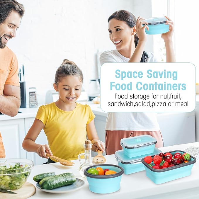 Yaomiao 16 Pack Collapsible Food Storage Container with Lid,Gray, Blue | Silicone Bowls with Air Vent, Foldable Rectangle Round Bowl ,For Rv Camping Meal Prep Organizing, Microwave Freezer Safe - Image 6