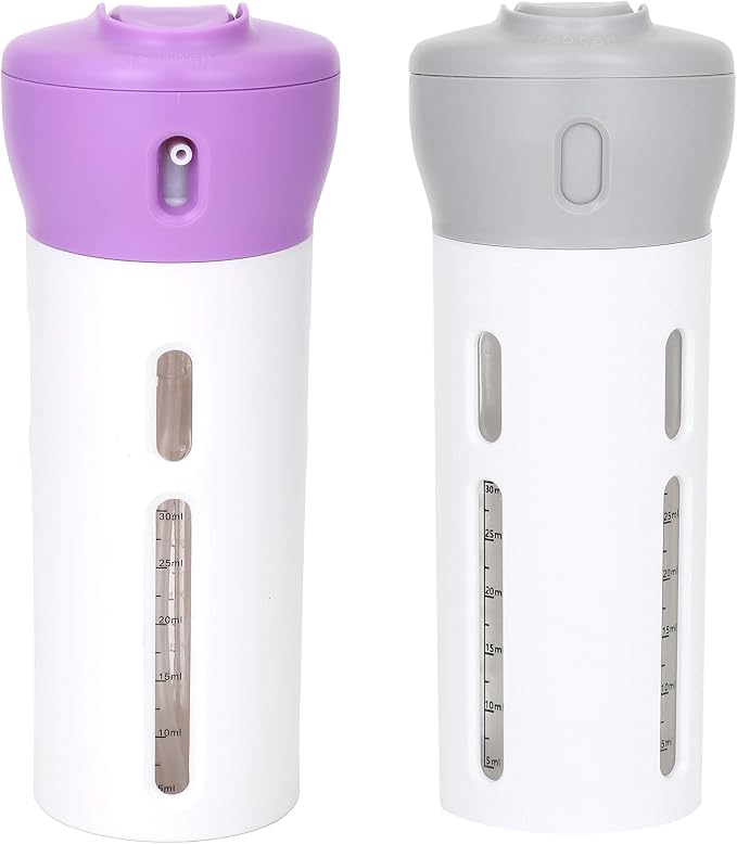 Travigo 4-in-1 Travel Dispenser Bottle Set, TSA Approved, Leak Proof, Reusable 1.4 oz. (40 mL) Toiletry Containers for Shampoo, Conditioner, Soap, Lotion, Skincare (2 Pack, Purple & Gray) by Travigo