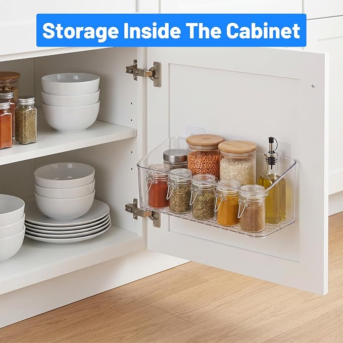 4 Pack Adhesive Cabinet Door Organizer, Bathroom Cabinet Door Organizer Bins for Inside Cabinets Doors Storage, Clear Wall Mounted Caddy for Kitchen Pantry, Bathroom Countertops, 10.63x3.62x3.94 Inch - Image 6