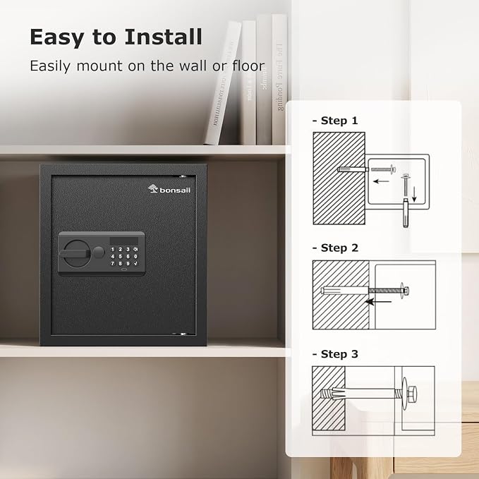 Bonsaii 1.2 Cu. Ft. Security Safe Box, Keypad Lock, Spare Keys & USB Port | Heavy-duty SPHC steel ensures high security for cash, jewelry, and documents. Features passcode, keys, USB Type-C - Image 9
